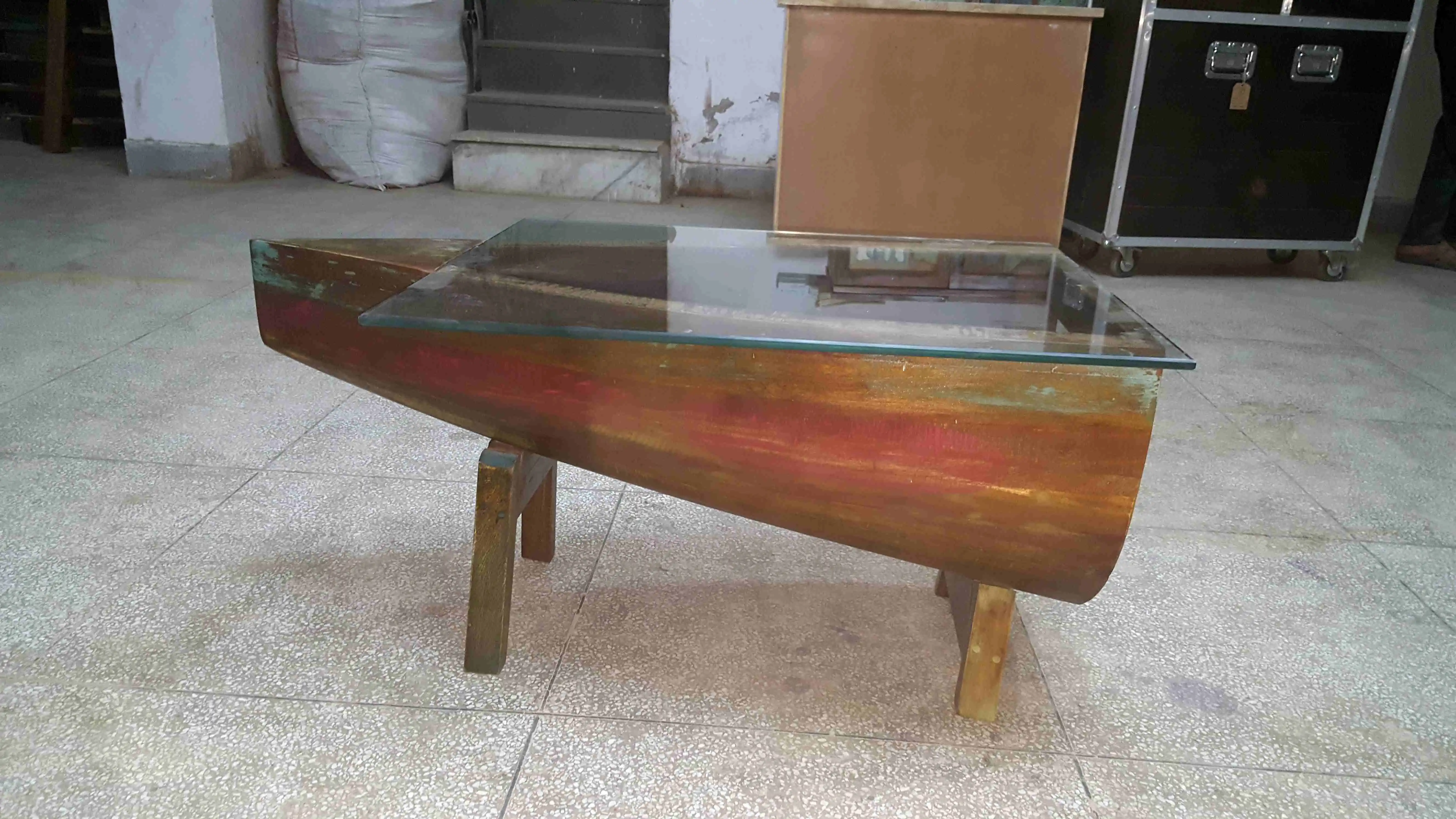 Reclaimed Wood Boat Coffee Table with 10 MM Toughened Glass Top(KD) - popular handicrafts